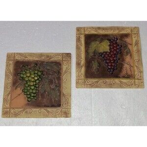 Vintage 3-D Resin Wall Plaques Wine Grapes Elaine Vollherbst Set Of 2